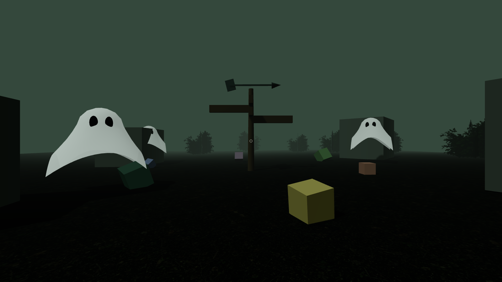 Three cloth ghosts haunting a misty woodland crossroads