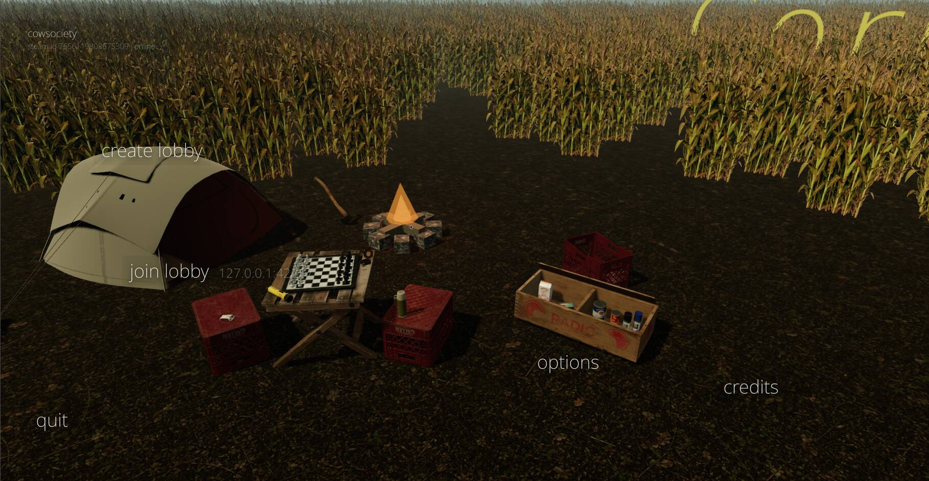 Corn Game menu scattered across an elevated campsite view in a late cornfield
